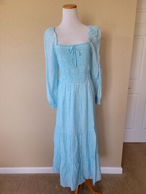 Vineyard Vibes Light Blue Smocked Maxi Dress with Long Sleeves, Size L